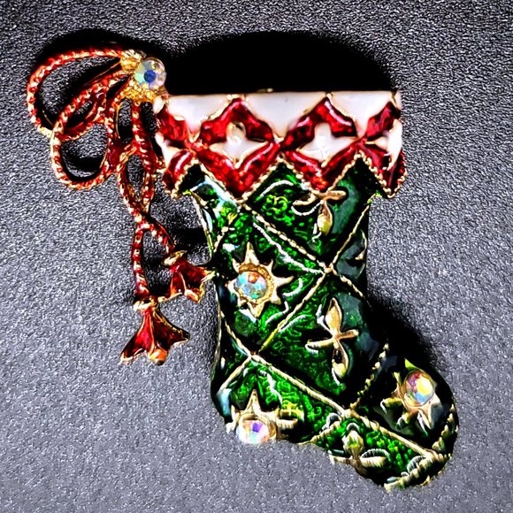 Christmas Stocking Brooch Pendant Enamel & Crystal - Picture 2 of 3